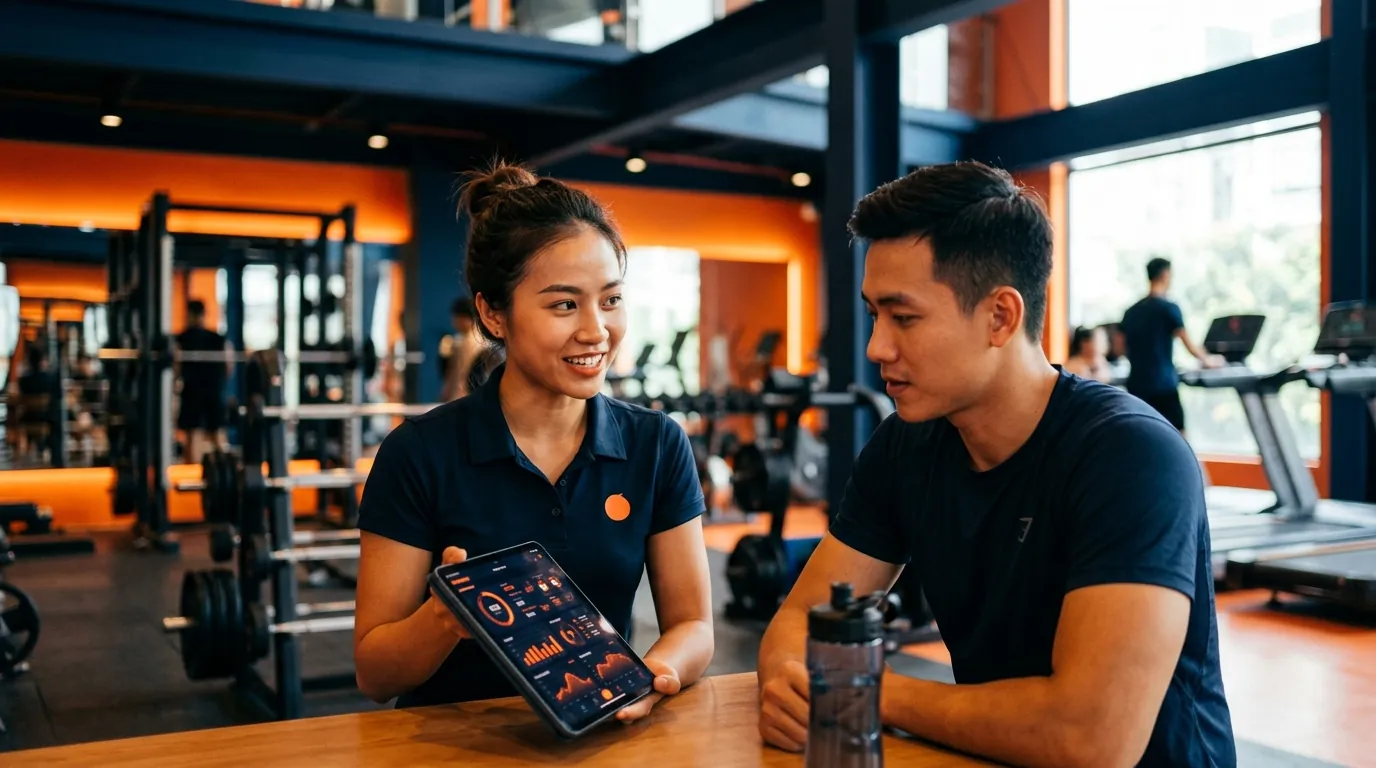PT tư vấn khách trong phòng gym hiện đại, ánh sáng ấm cam