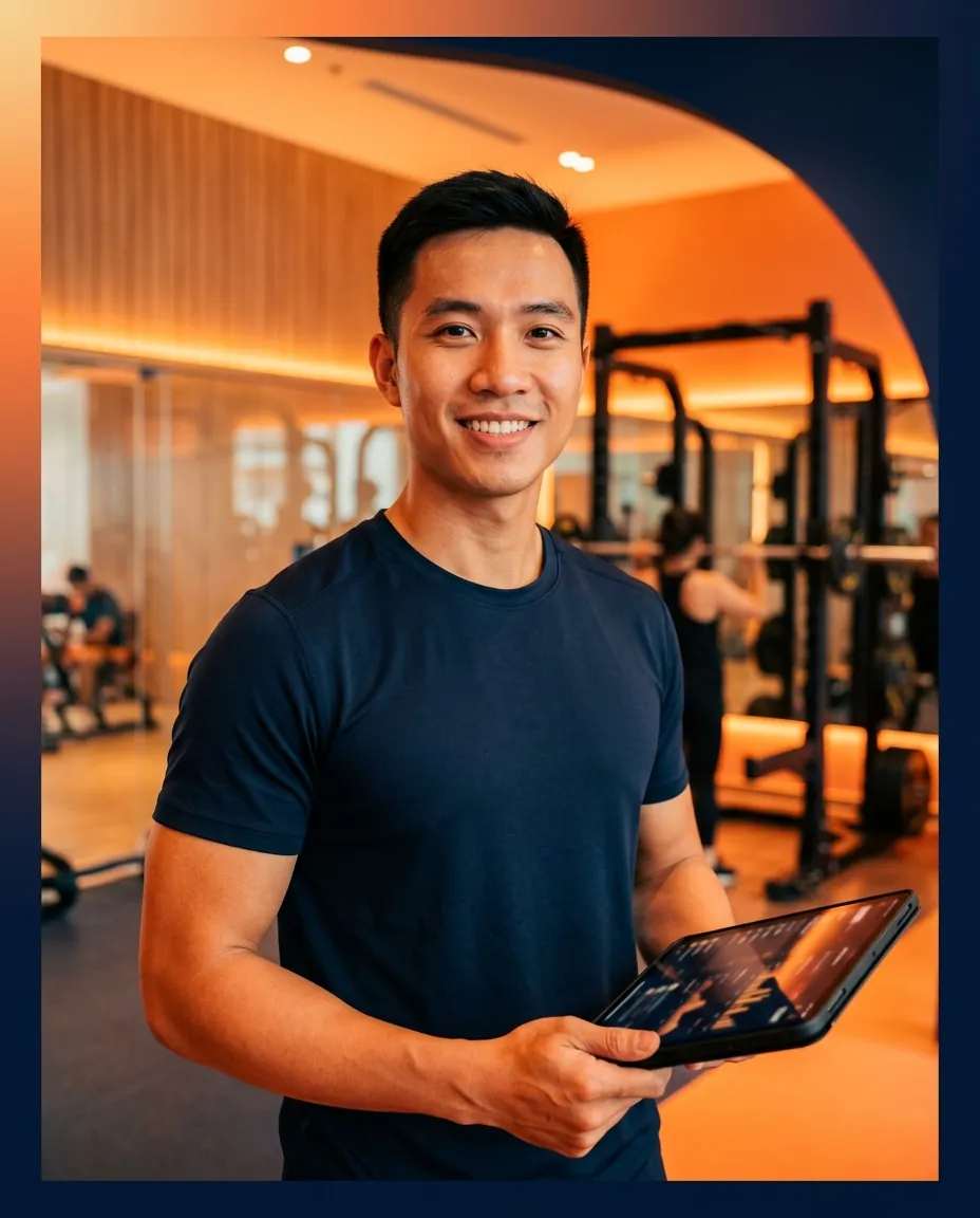 PT chuyên nghiệp hướng dẫn khách trong phòng gym hiện đại